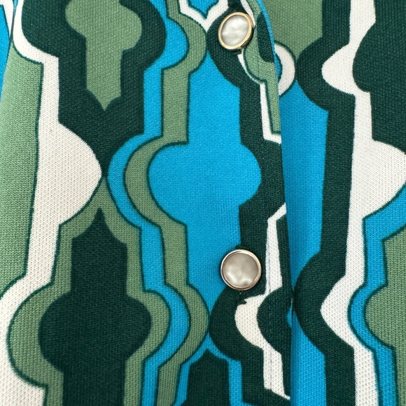 Vintage Neiman Marcus 70s Button Up Shirt Green Blue Polyester Size 10 / Medium - Picture 2 of 9